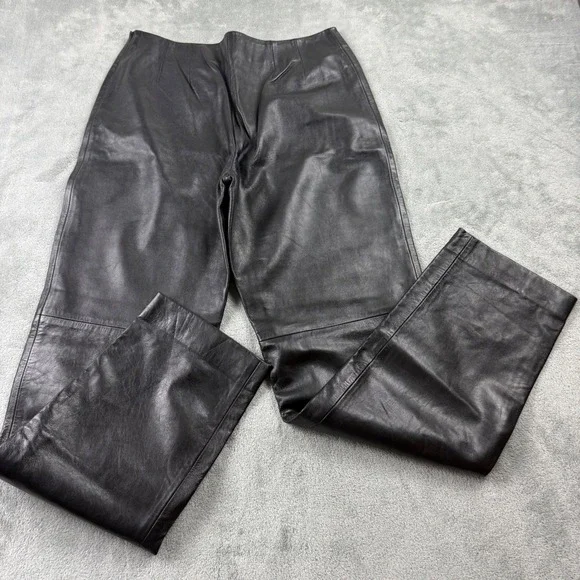 Dana Buchman Leather Pants Women 10 Black  Lambskin Straight Leg High Rise - Picture 2 of 7